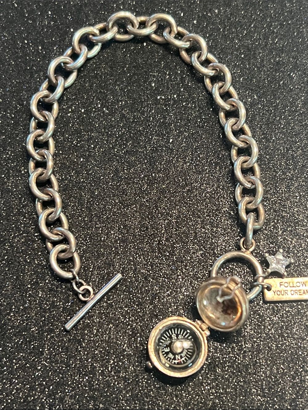 Vintage Silver Compass Toggle Charm Bracelet